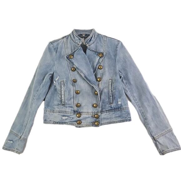 Free People Military Motto Double Breasted Denim Jacket -Size XS-Distressed. - Picture 7 of 16